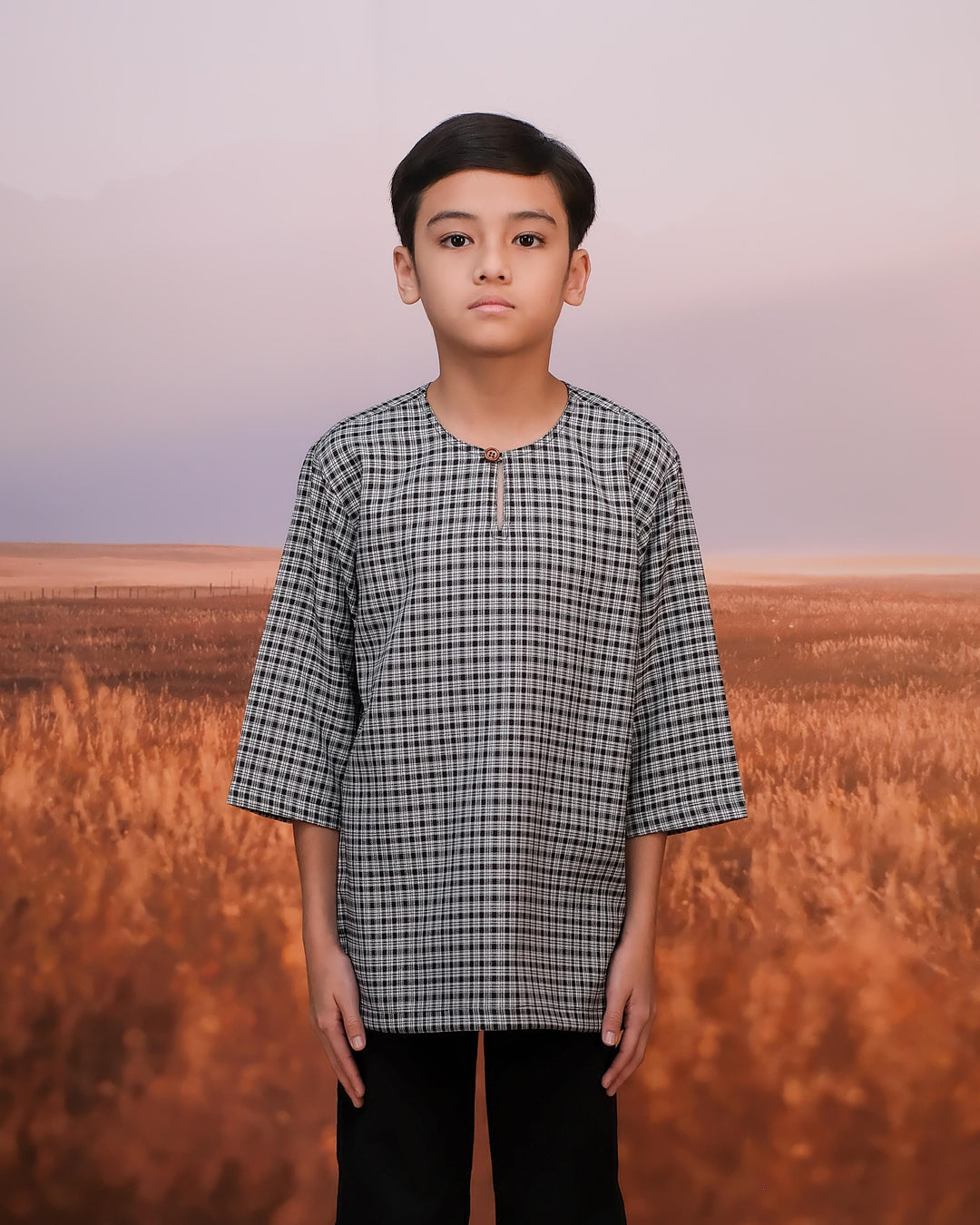 Kurta Larik Petak Kid - Black