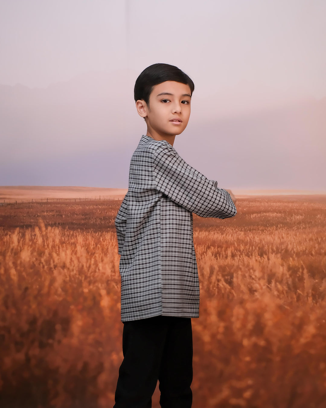 Kurta Larik Petak Kid - Black