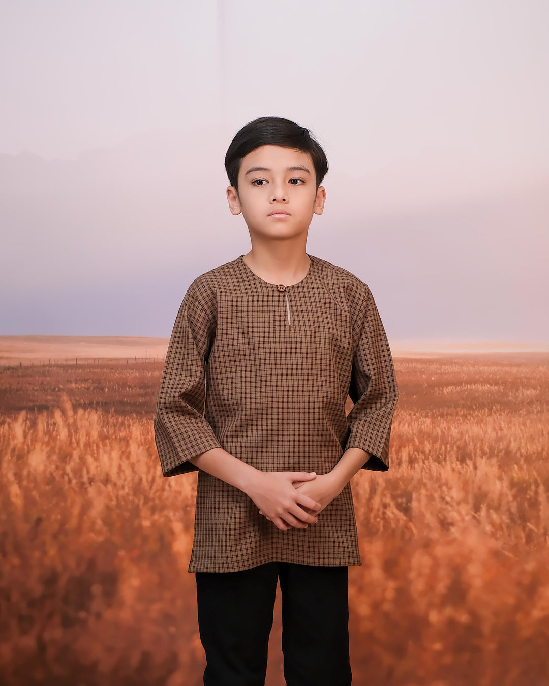 Kurta Larik Petak Kid - Brown