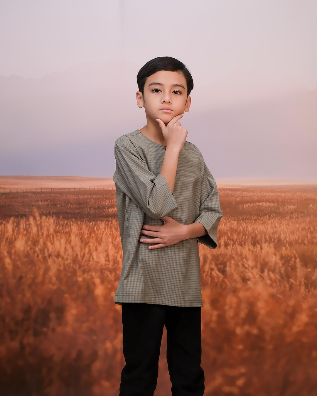 Kurta Larik Petak Kid - Sage Green