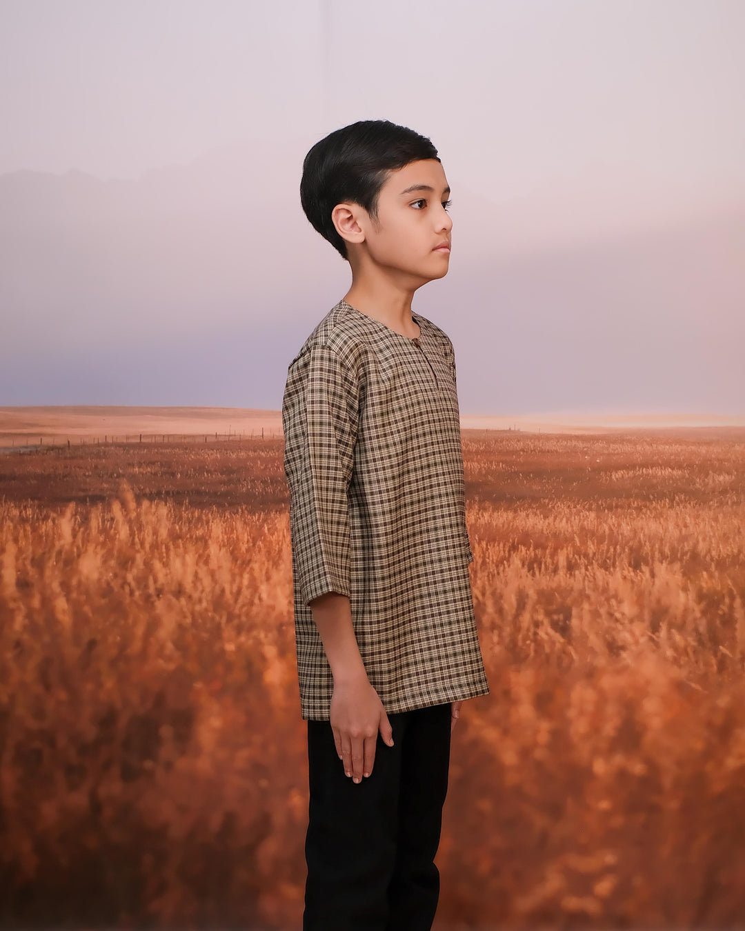 Kurta Larik Petak Kid - Army Green