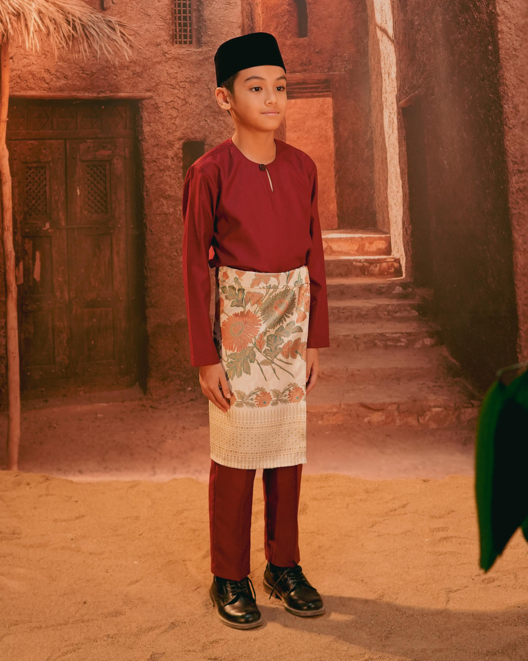 Kekwa Warisan Instant Sampin Kid - Soft Maroon & Green