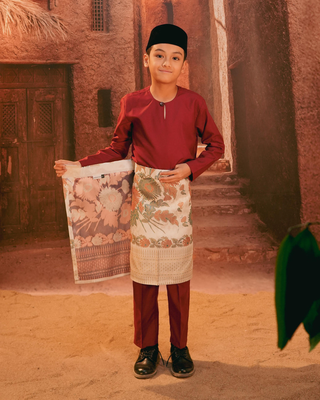 Kekwa Warisan Instant Sampin Kid - Soft Maroon & Green