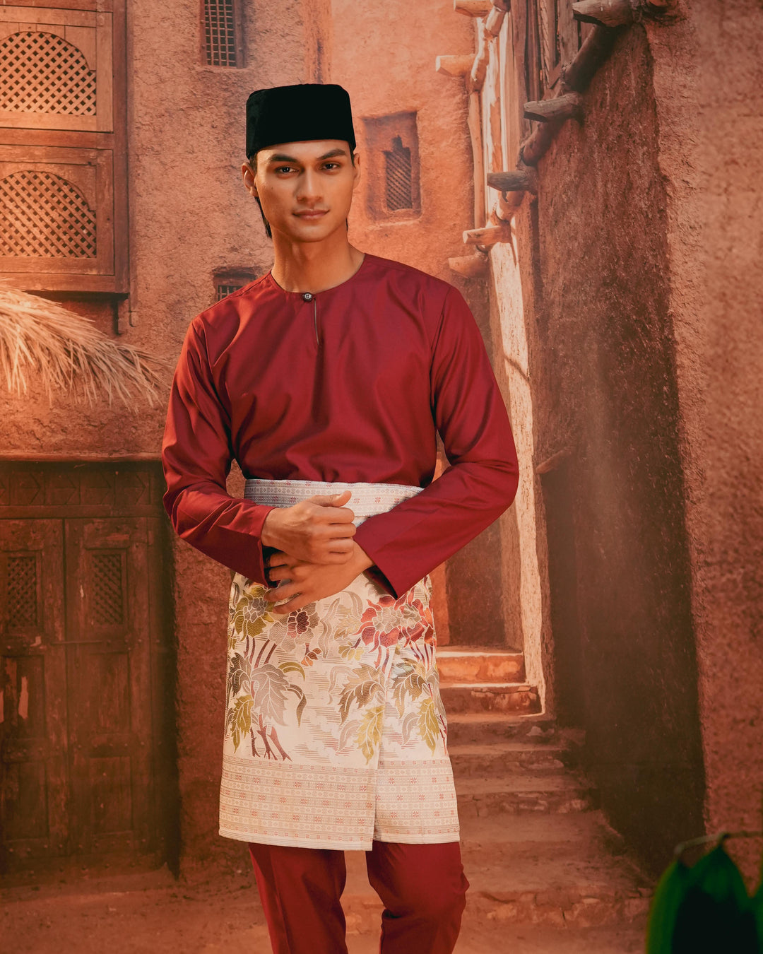 Bunga Raya Instant Sampin Adult - Soft Maroon & Green