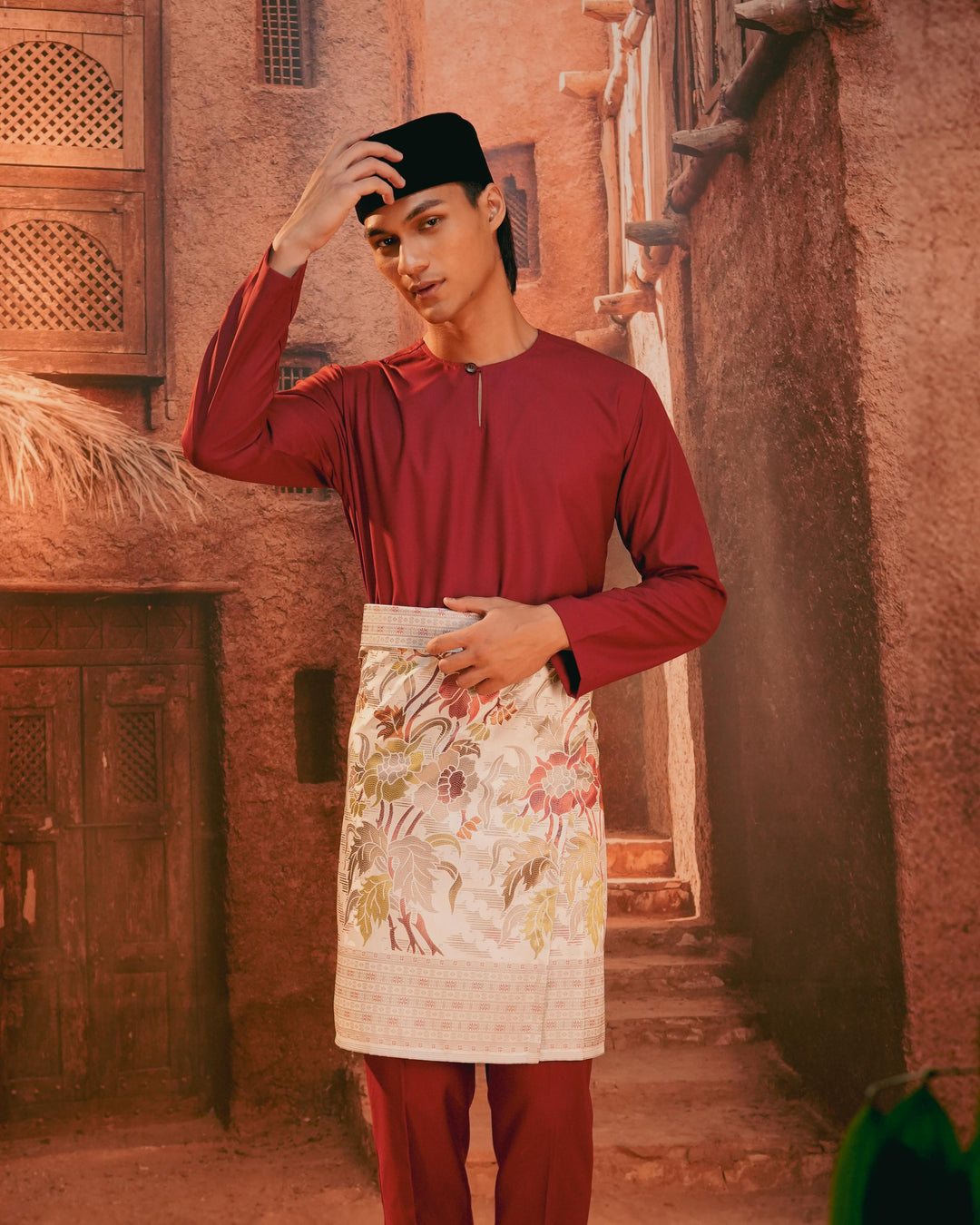 Bunga Raya Instant Sampin Adult - Soft Maroon & Green