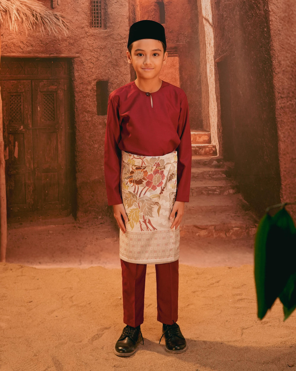 Bunga Raya Instant Sampin Kid - Soft Maroon & Green - SampinExclusiveMy