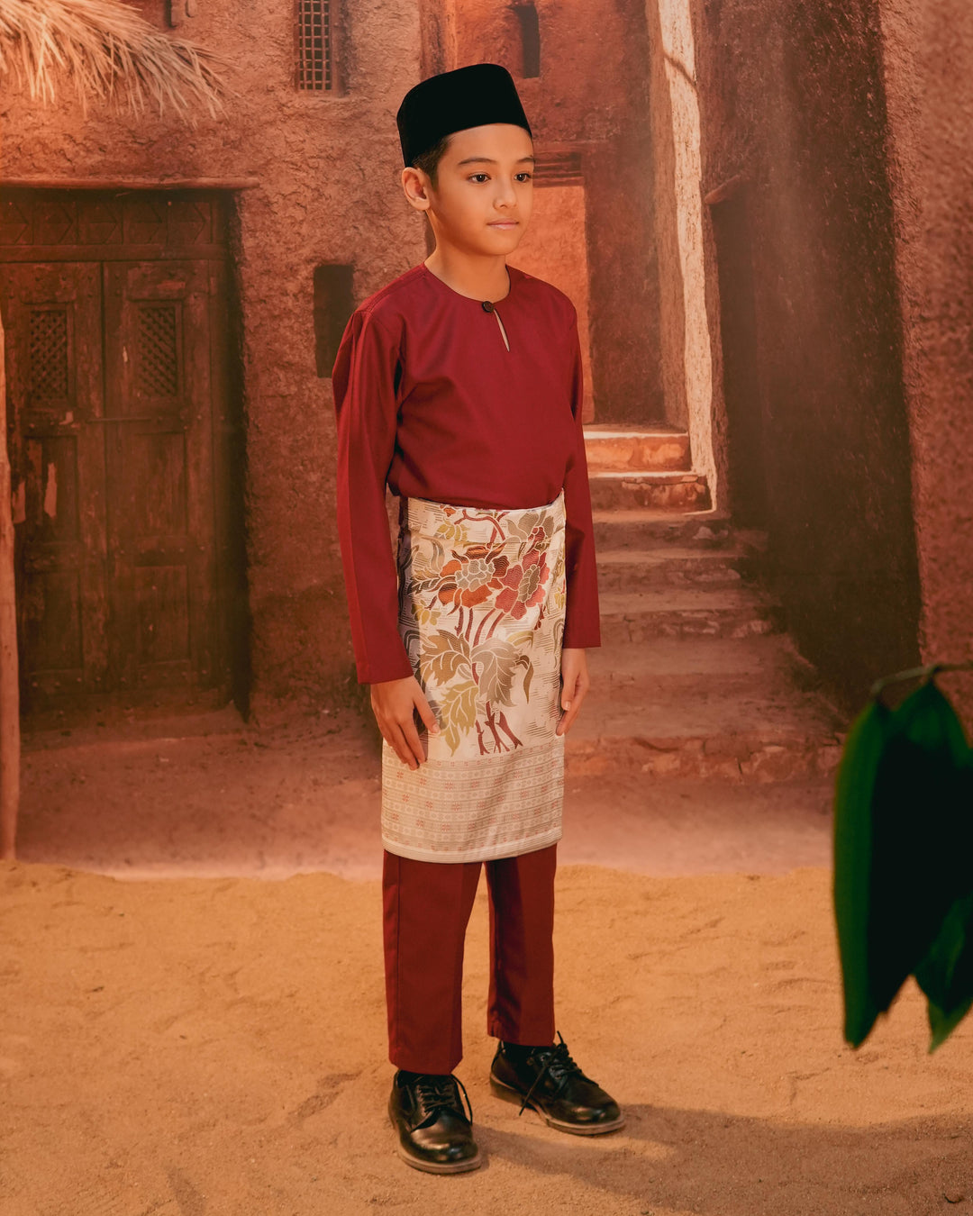 Bunga Raya Instant Sampin Kid - Soft Maroon & Green