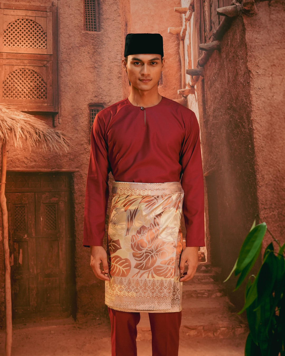 Leka Pantai Instant Sampin Adult - Soft Maroon & Green