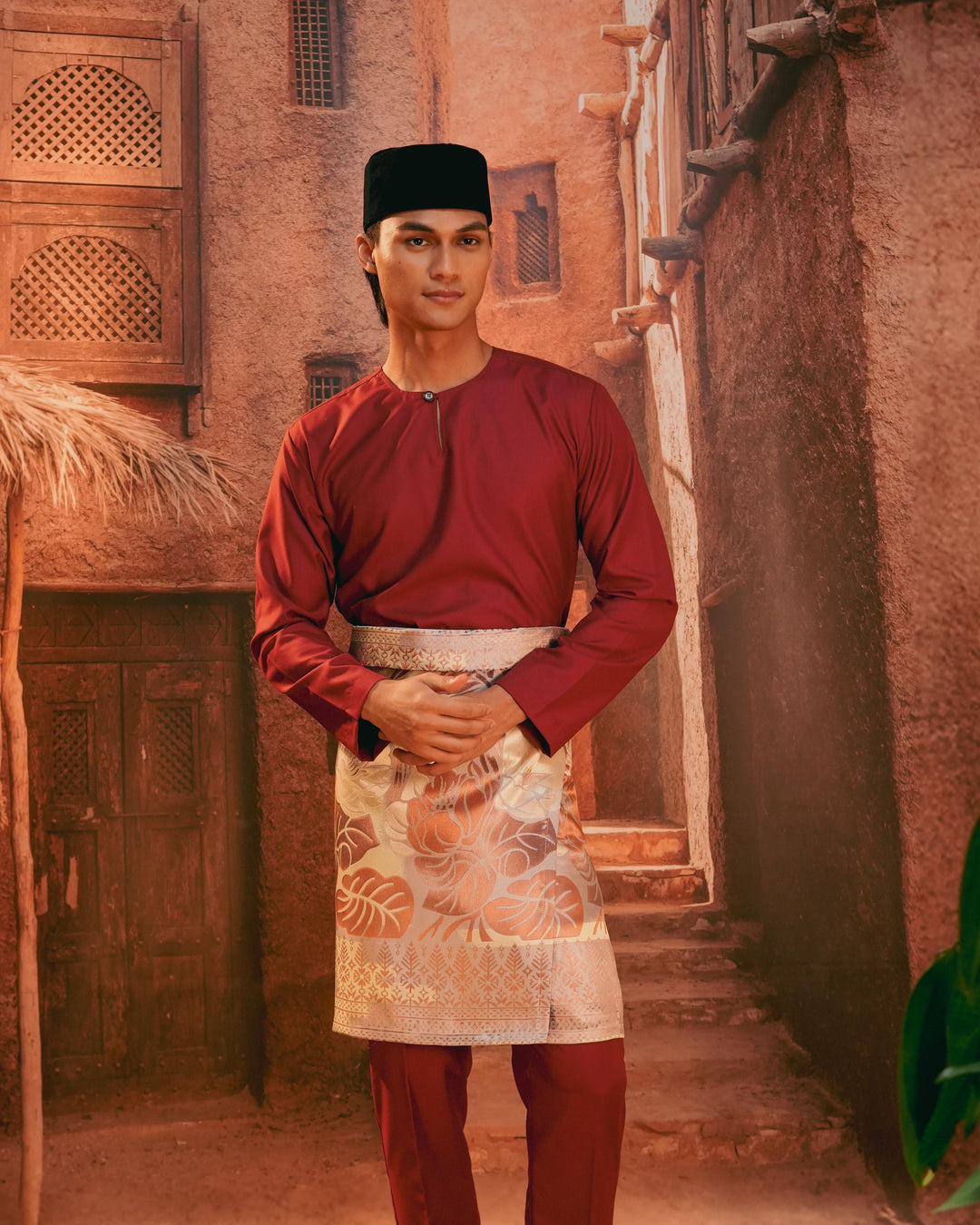 Leka Pantai Instant Sampin Adult - Soft Maroon & Green