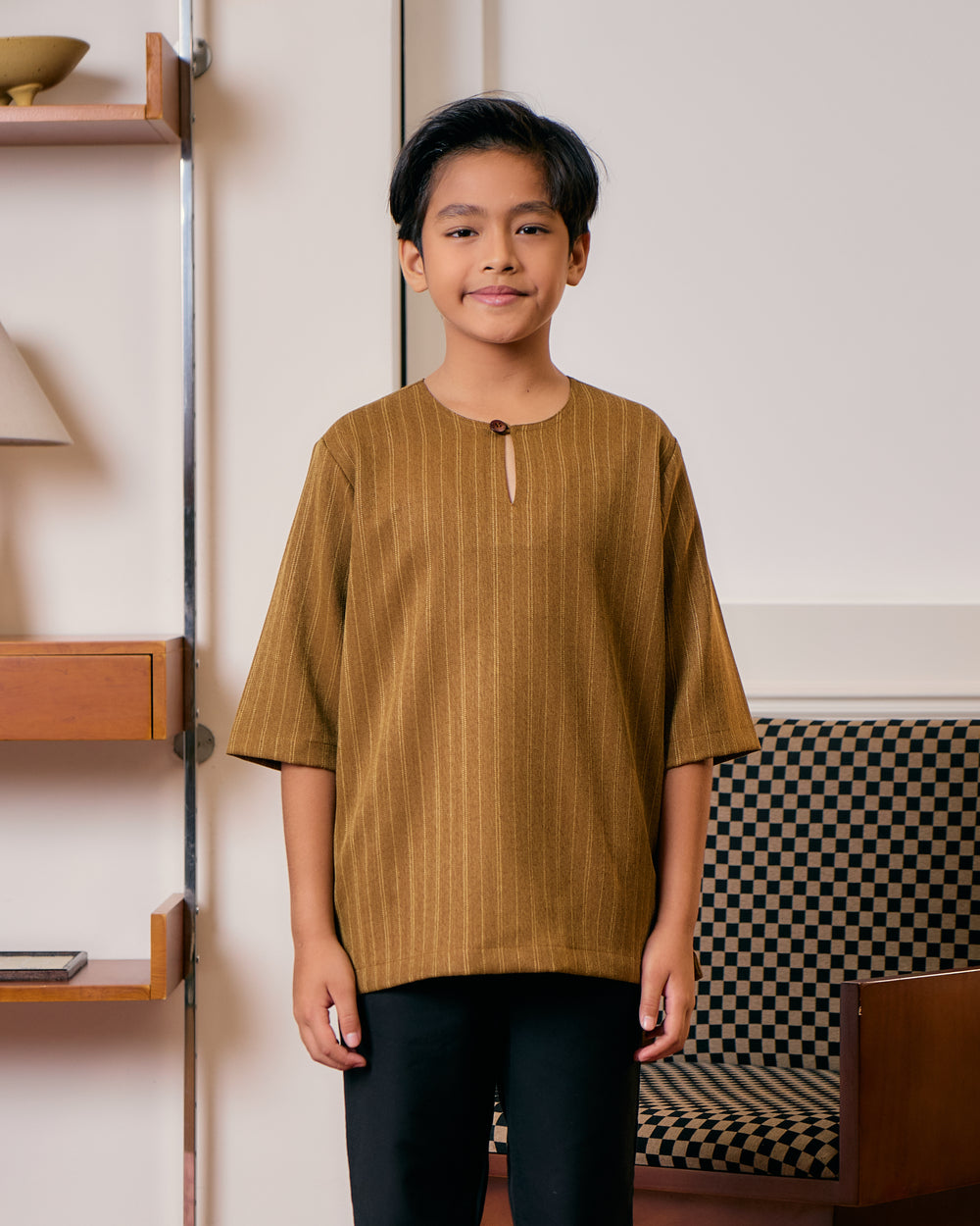 Mustard Kurta Jalin for kids - relaxed unisex fit, side view