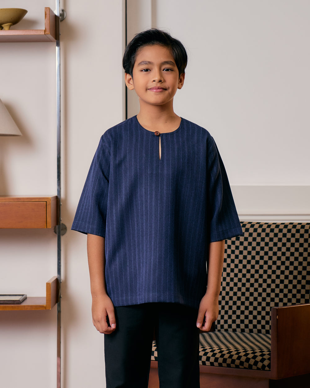 Navy Blue Kurta Jalin for kids - relaxed unisex fit, side view